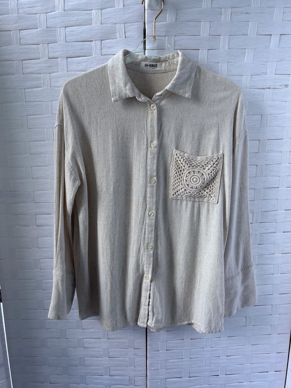 4Th & Reckless‎ L Long Sleeve Button Up Granny Square Crochet Pocket Linen Blend